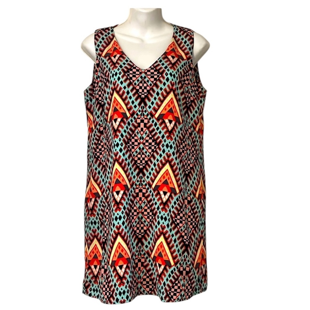 Renee C Sleeveless V Neck Colorful Geometric Pattern Slip On Flowy Mini Dress M